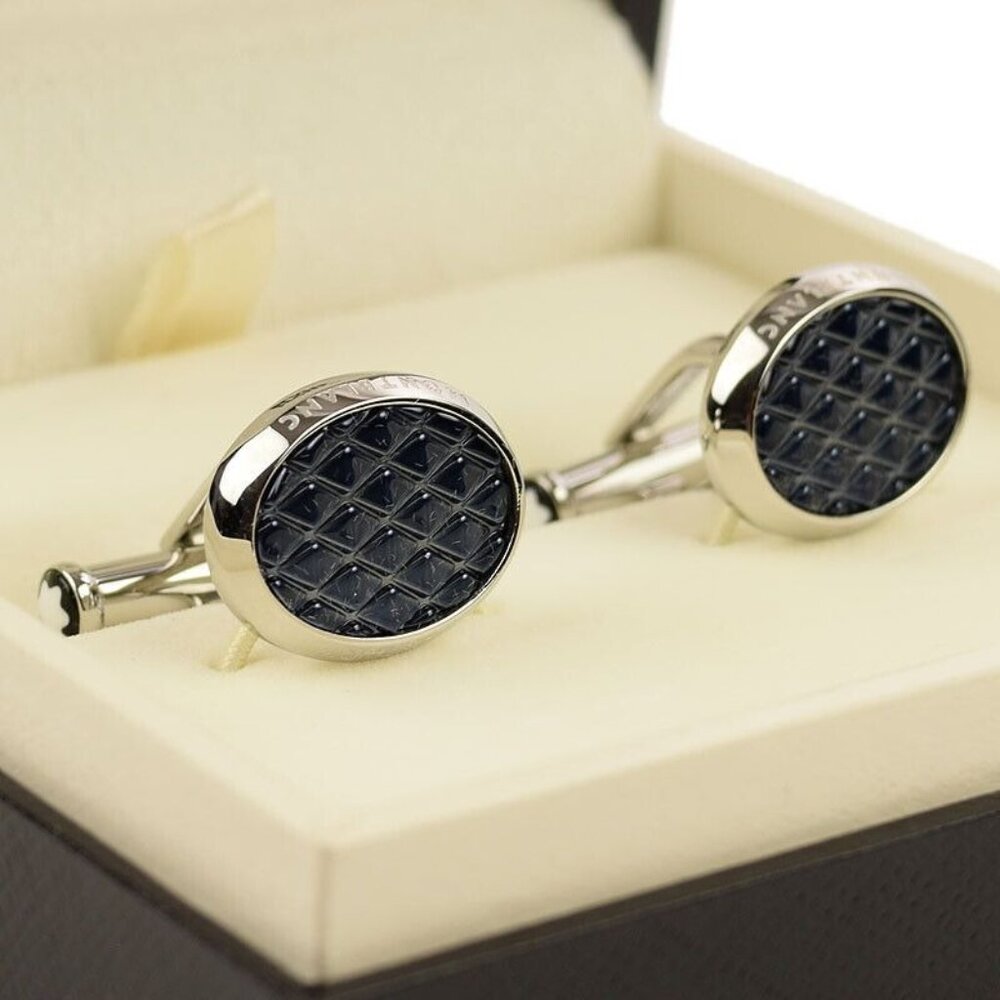 MONTBLANC Meisterstuck Blue Lacquer Steel OVAL SHAPE Toggle Back Cufflinks NIB - Picture 2 of 2